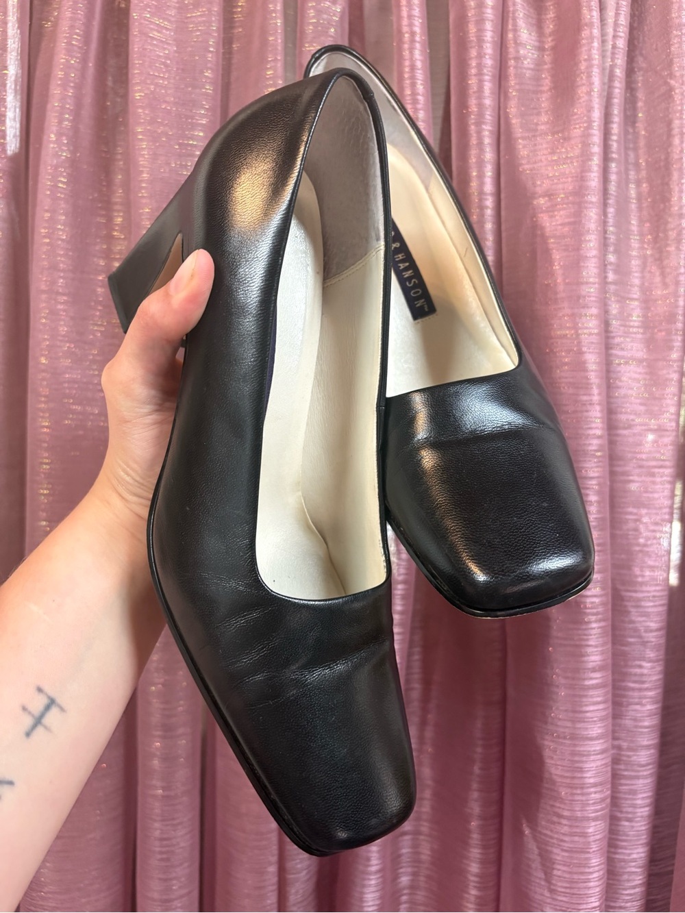 Vintage 90s Black Leather Chunky Heel Pumps - Picture 2 of 7